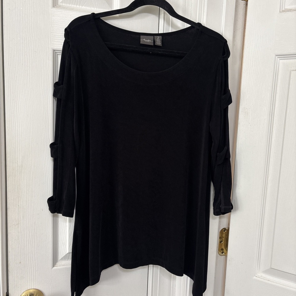 Chicos Travelers Knit Top Tunic Womens Sleeve Cutout Slinky Sz 2 L Black